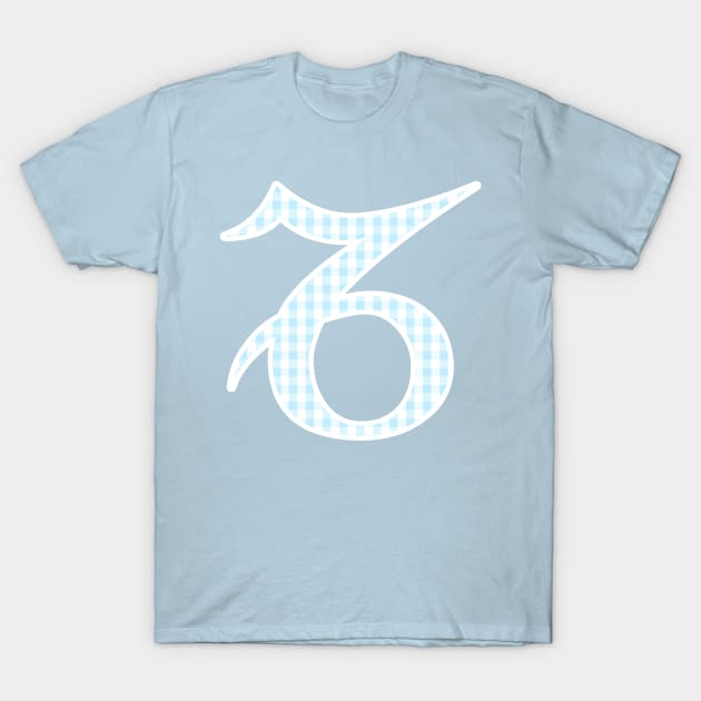 Capricorn Zodiac Horoscope Symbol in Pastel Blue and White Gingham Pattern T-Shirt by bumblefuzzies